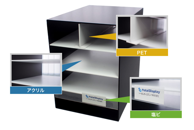 素材を組み合わせた什器の製作例(アクリル・PET・塩ビ)